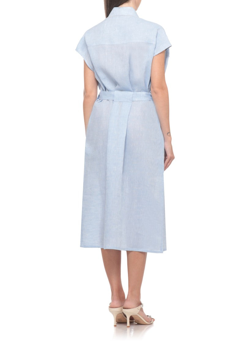 Fabiana Filippi Light Blue Linen Dress With Bright Collar Details And Waist Belt