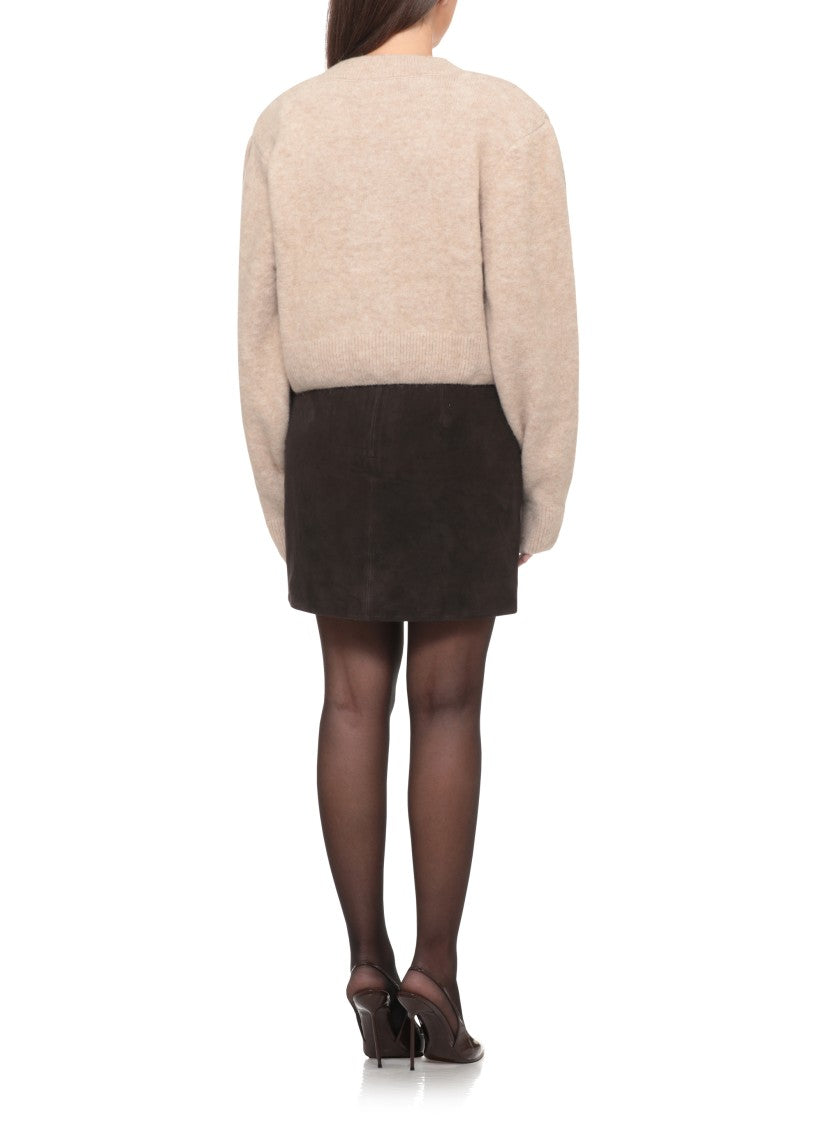 Rotate Beige Cropped V-Neck Detachable Rose Cardigan