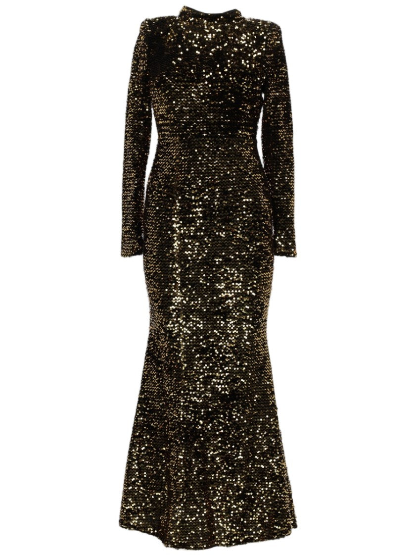 Joshe Fitted Sequin-Embellished Evening Dress With High Neckline