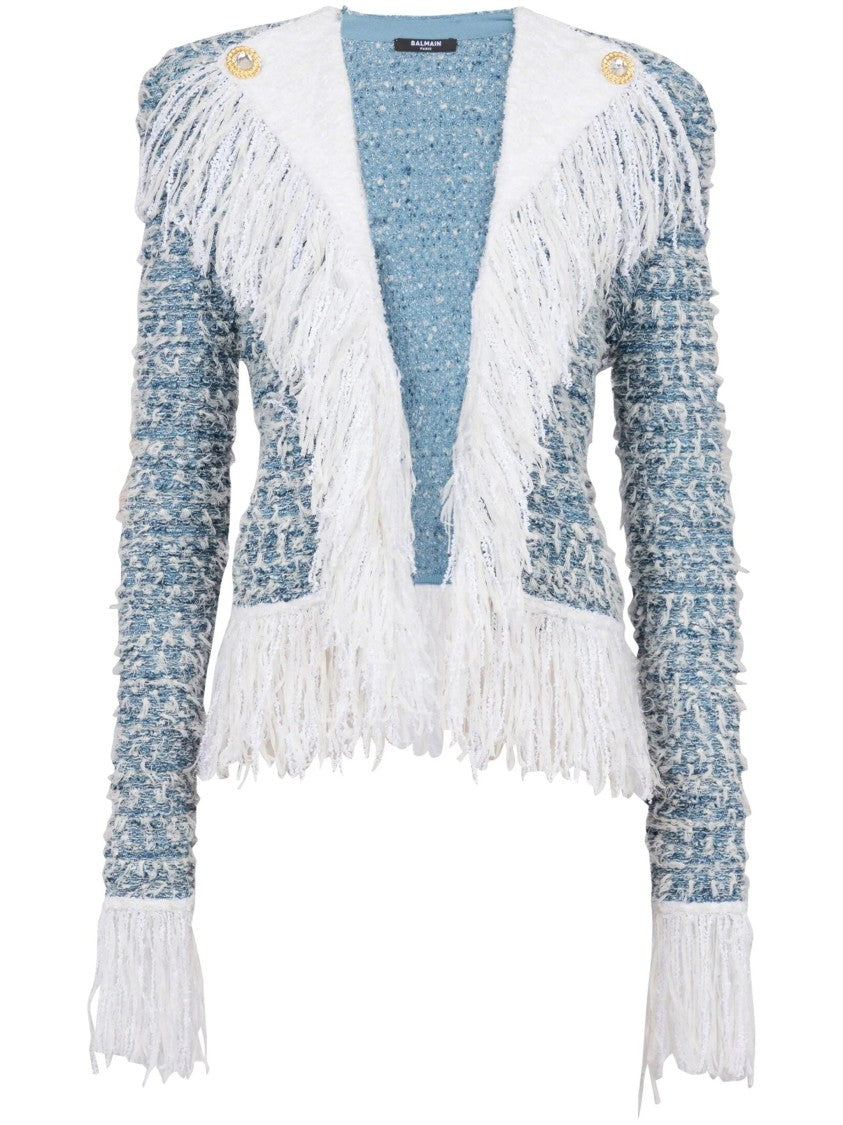Balmain Fringed Denim Tweed Jacket