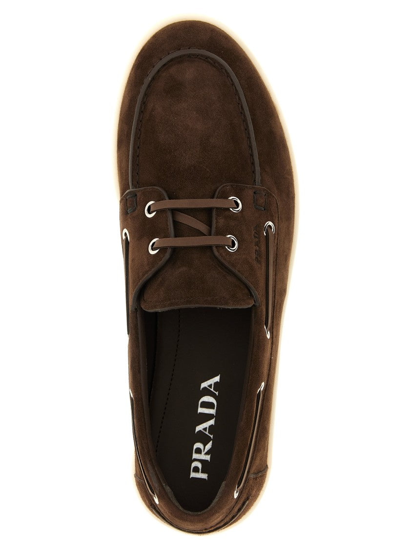 Prada Brown Suede Boat Loafers With Leather Laces And Logo Detail