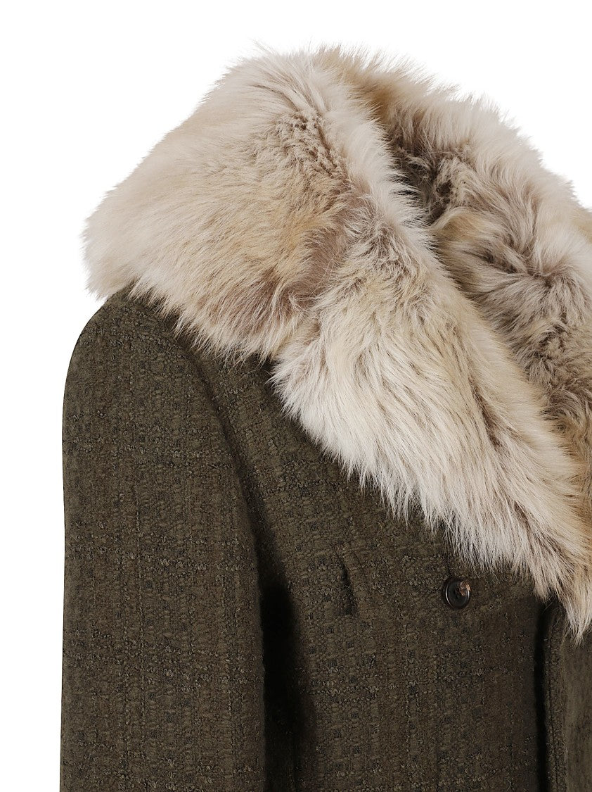 Saint Laurent Short Structured Coat With Plush Fur Collar