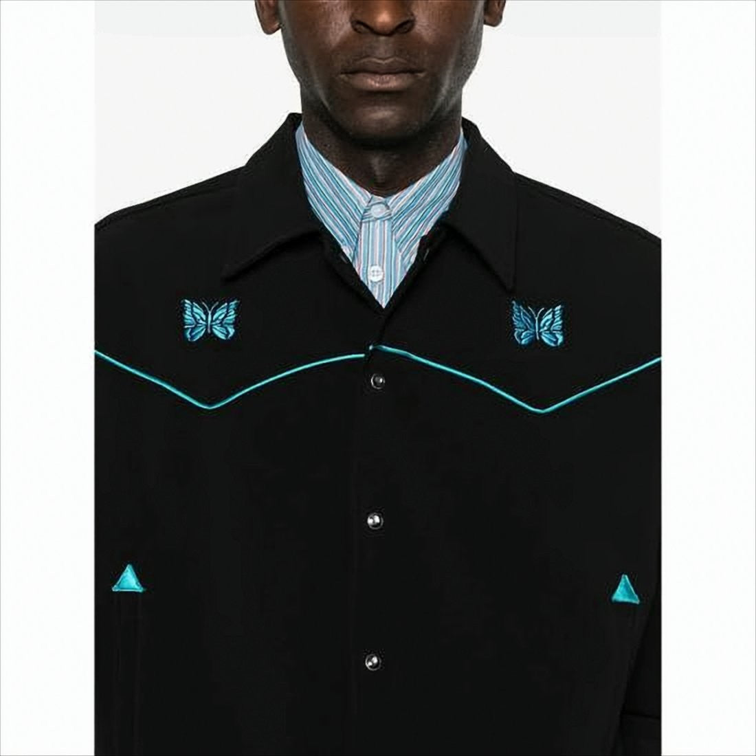 Needles Embroidered Black Jacket With Turquoise Butterfly Motifs