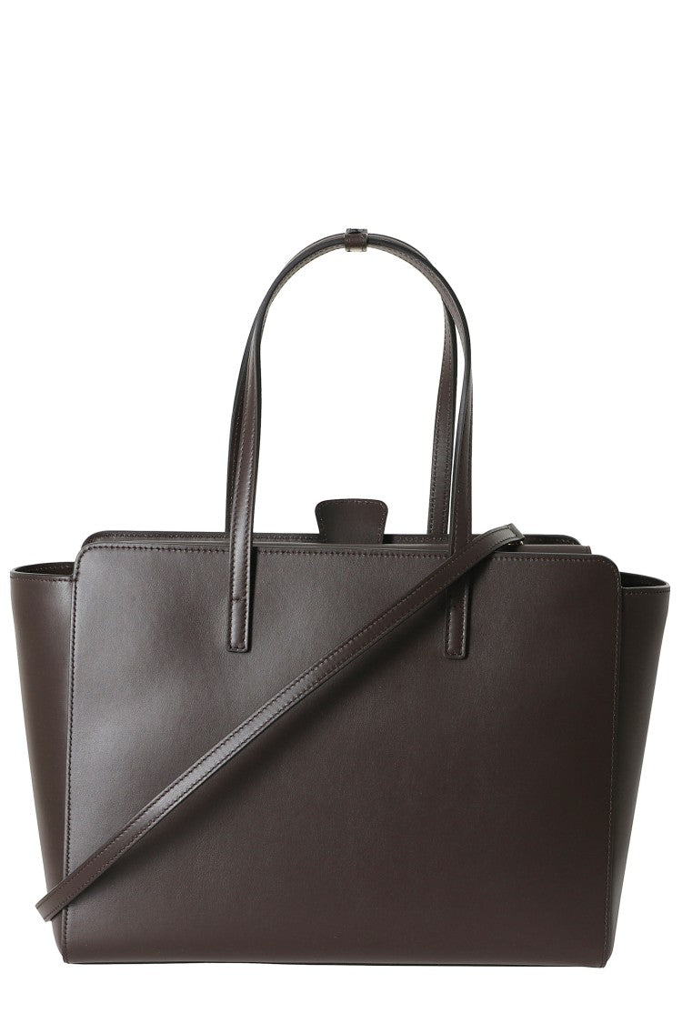 Hidesins Dark Brown Structured Flap L Gold Logo Leather Tote Bag