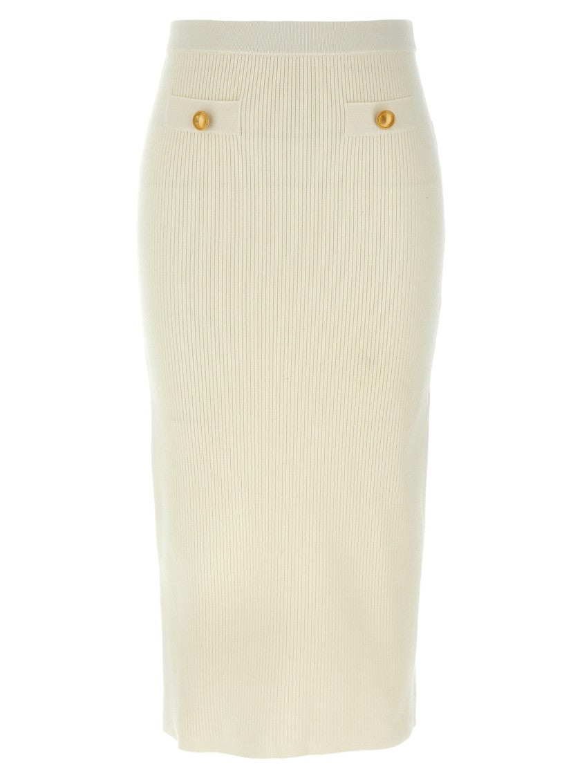 Alessandra Rich Ribbed Stretch Wool And Cashmere Midi Skirt With Trompe L'oeil Pockets