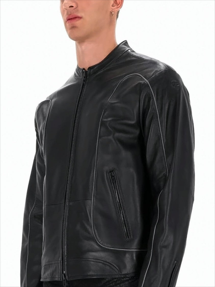 Diesel Minimalist Lambskin Leather Jacket With Zippered Cuffs