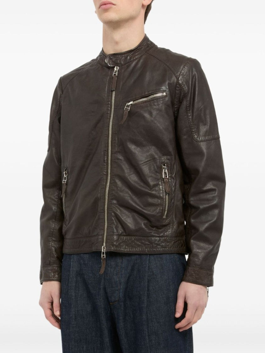 The Jack And Jackie Leathers Brown Leather Jacket With Stand-Up Collar