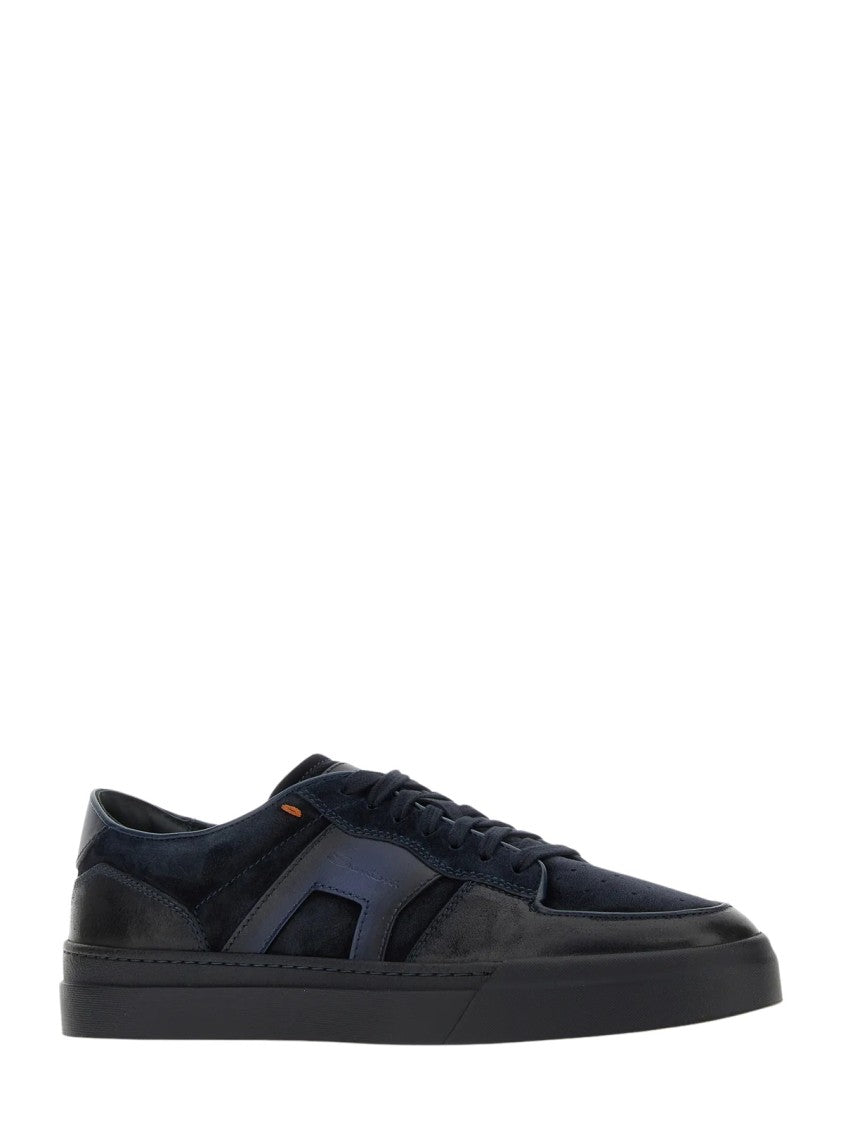 Santoni Low-Top Leather Suede Rubber Sole Sneakers