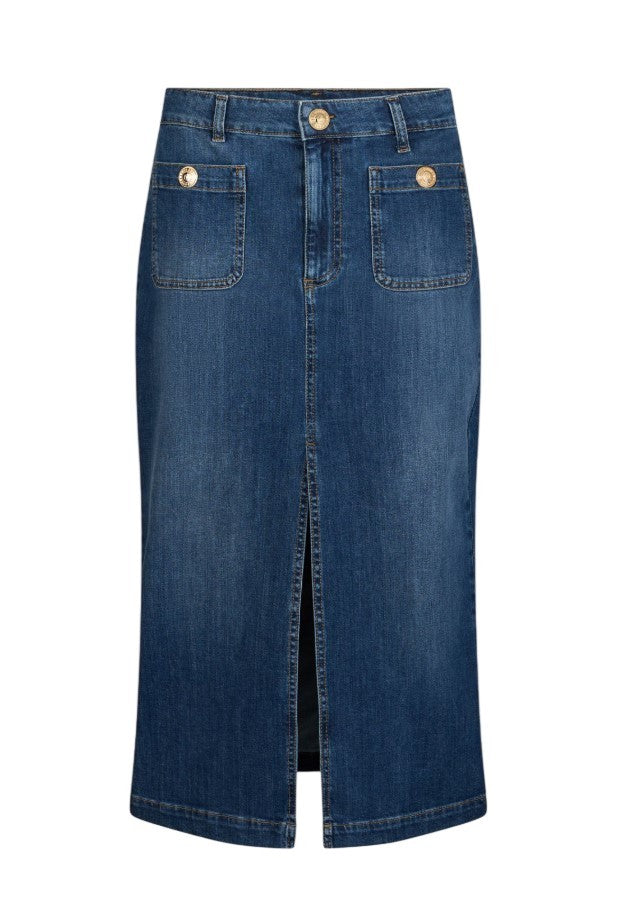Liu Jo Stonewashed Denim Midi Skirt With Logoed Button Accents