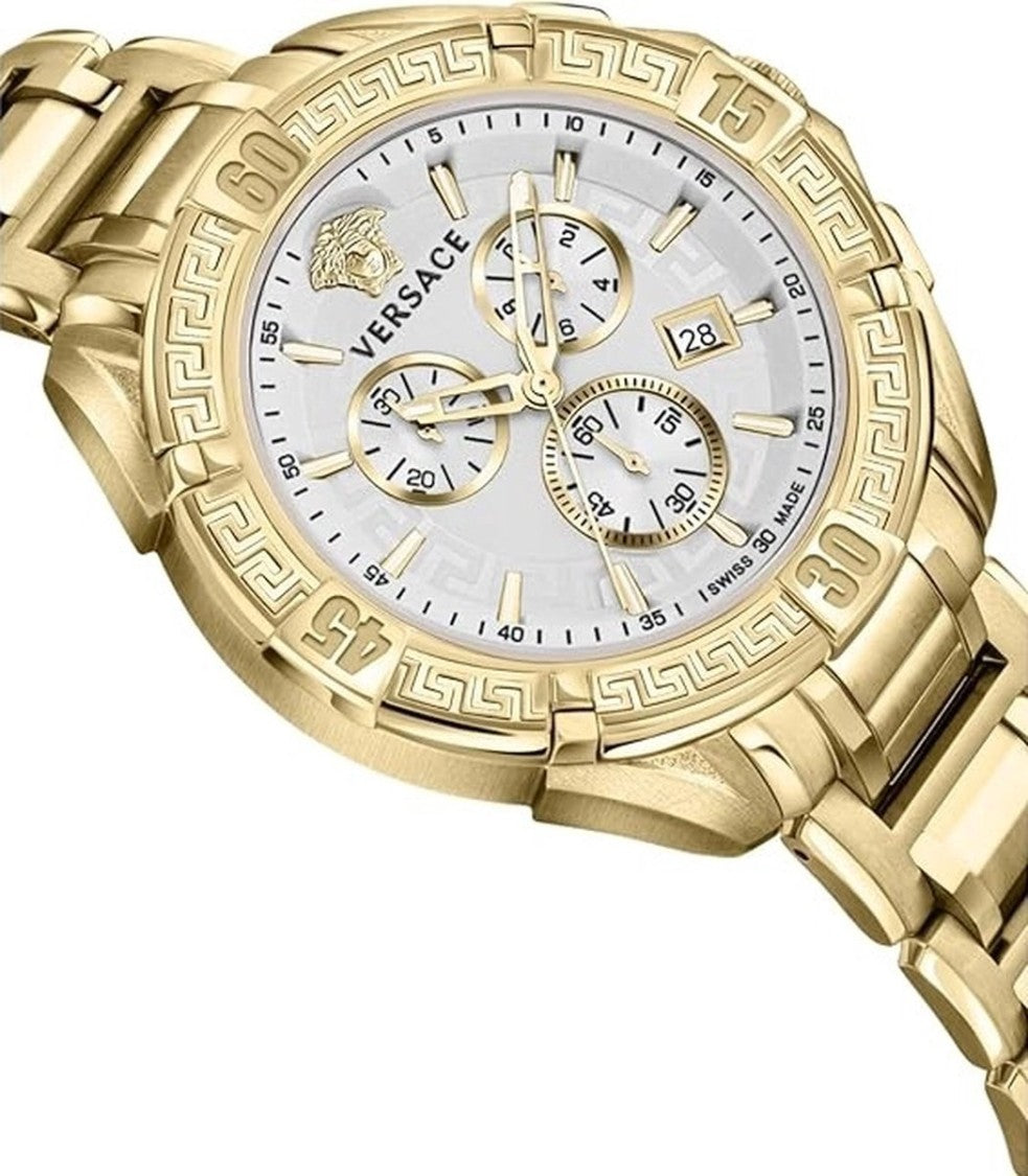 Versace Gold-Tone Multi-Functional Chronograph Watch With Greek Key Design