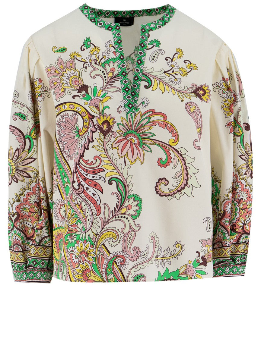 Etro Paisley Print Cotton Blouse With V-Neck