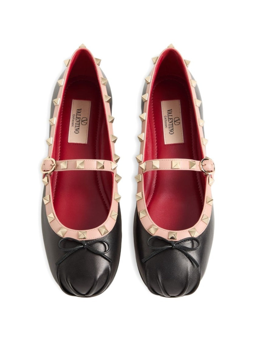 Valentino Garavani Black Leather Gold Studded Bow Flats