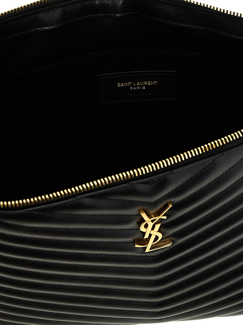Saint Laurent Chevron Quilted Leather Clutch With Metal Logo Detail