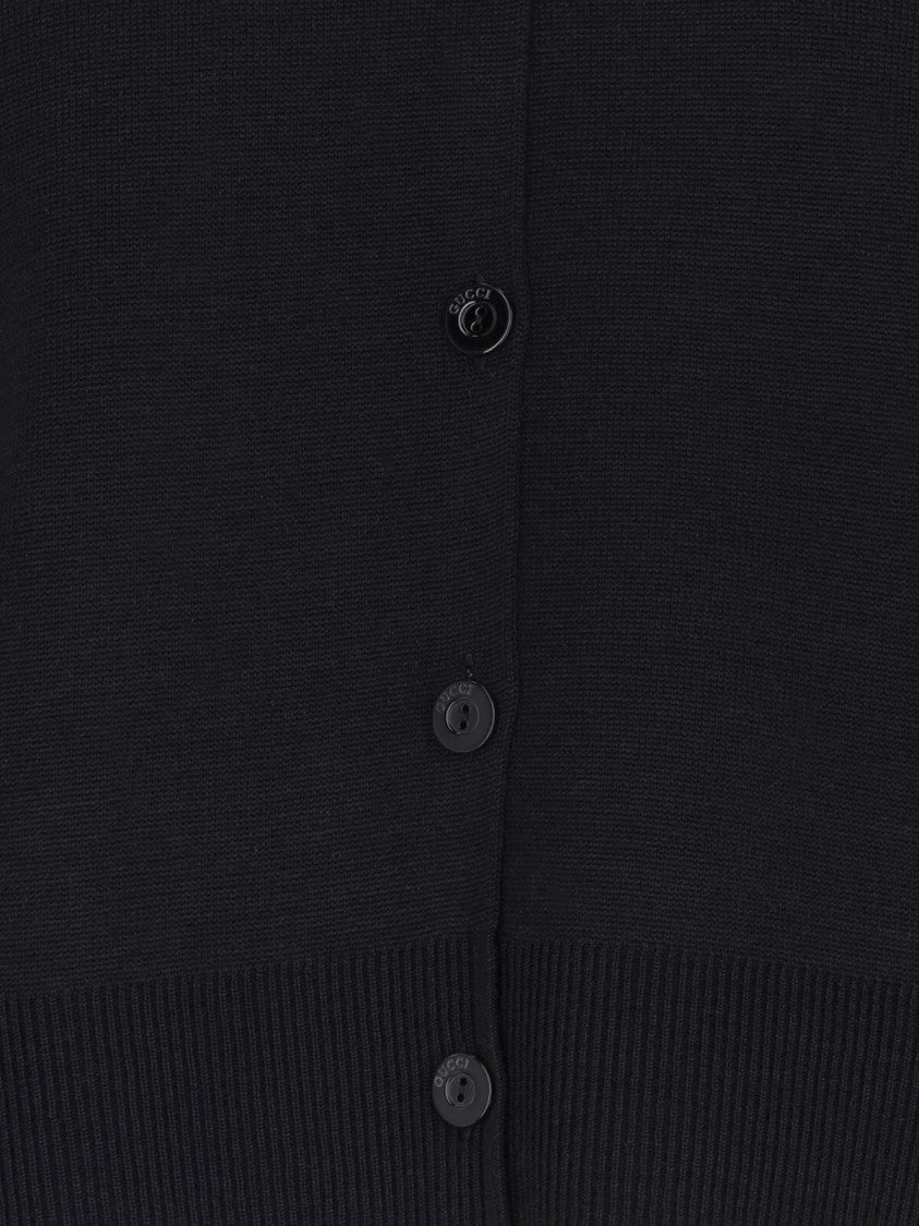 Gucci Intarsia Logo Cardigan In Wool-Silk Blend With Ribbed Finishes