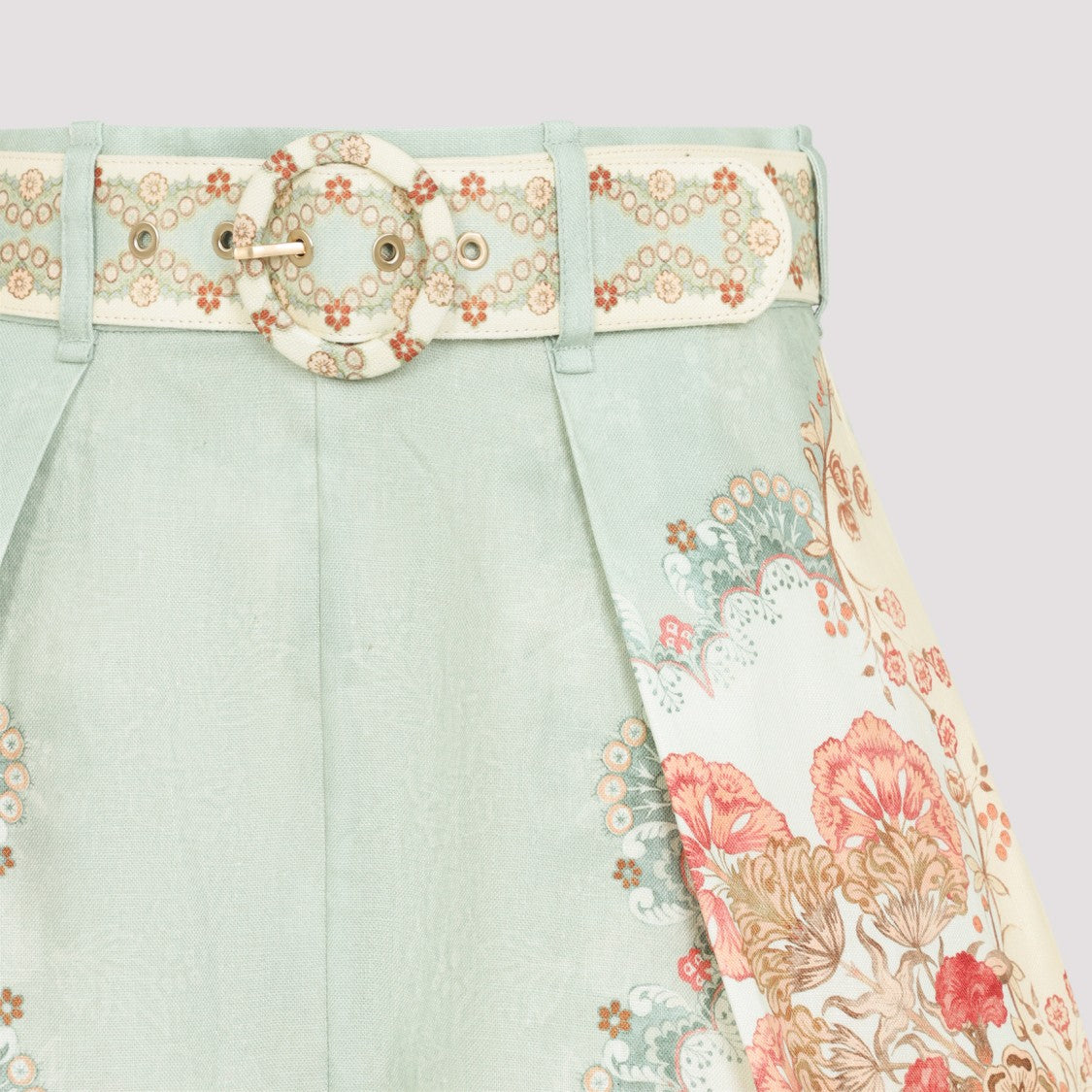 Zimmermann High-Waisted Green Linen Bermudas With Vintage Floral Embellishments