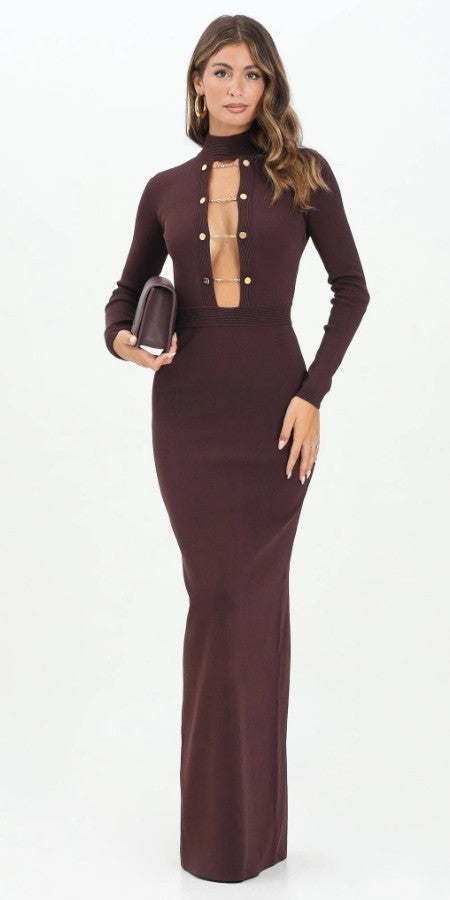 Elisabetta Franchi Fitted Burgundy Dress With Jewel Cufflinks