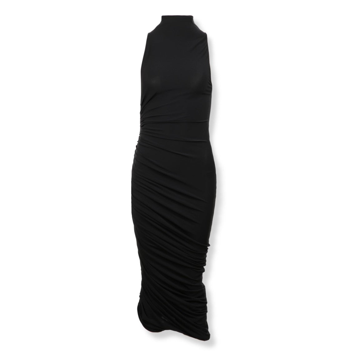 Jacquemus Asymmetrical Draped Midi Dress With High Neckline