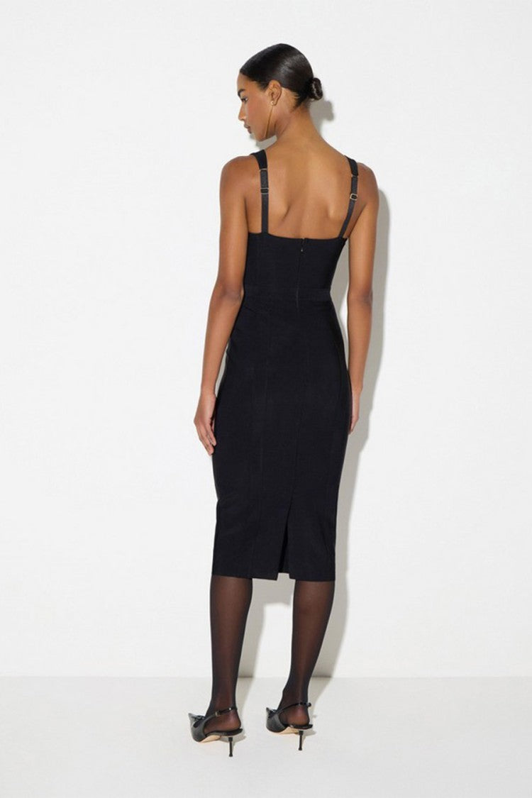 Elisabetta Franchi Black Corset Seaming Gold Logo Tag Polyamide-Blend Midi Dress