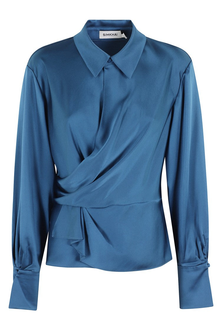Simkhai Satin-Finish Long-Sleeve Blouse With Draped Front