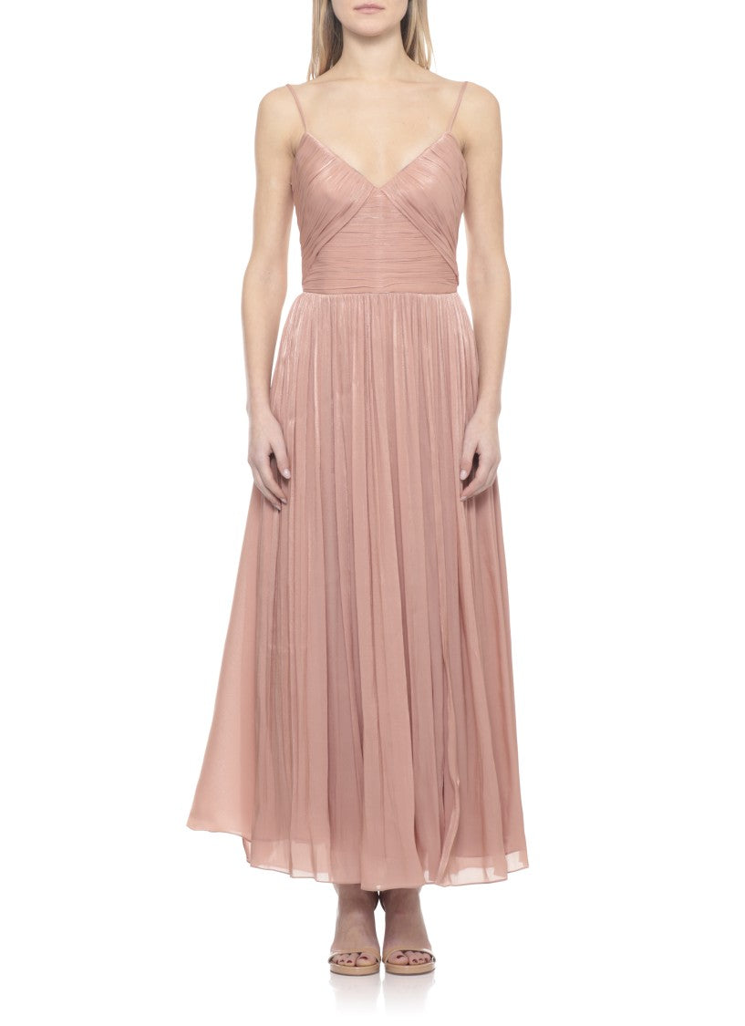 Costarellos Lurex Georgette Midi Dress With Deep V-Neck And Pleated Skirt