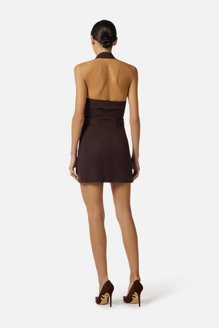 Elisabetta Franchi Brown Double-Breasted Halter V-Neck Viscose-Blend Mini Dress