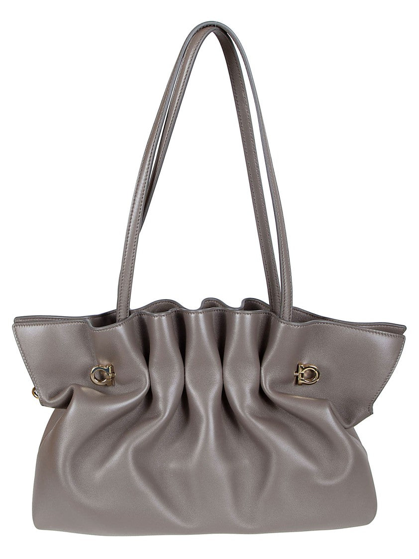 Ferragamo Ruched Grey Lamb Leather Shoulder Bag With Dual Straps