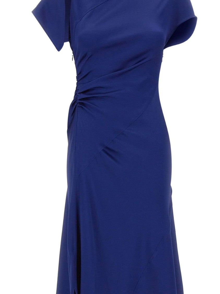 Victoria Beckham Blue Asymmetric Hem Midi Dress With Short Sleeves And Draped Details