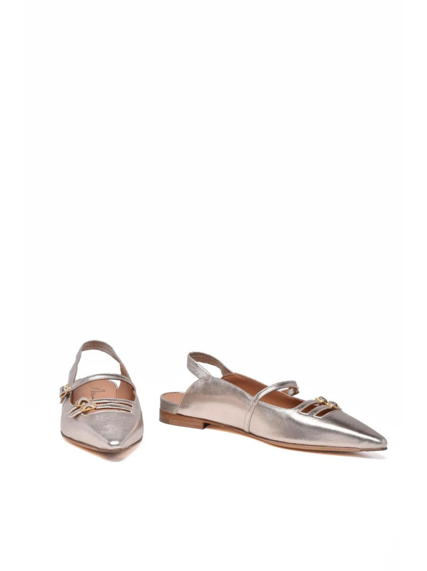 Masami Beige Pointed-Toe Metallic Leather Flats