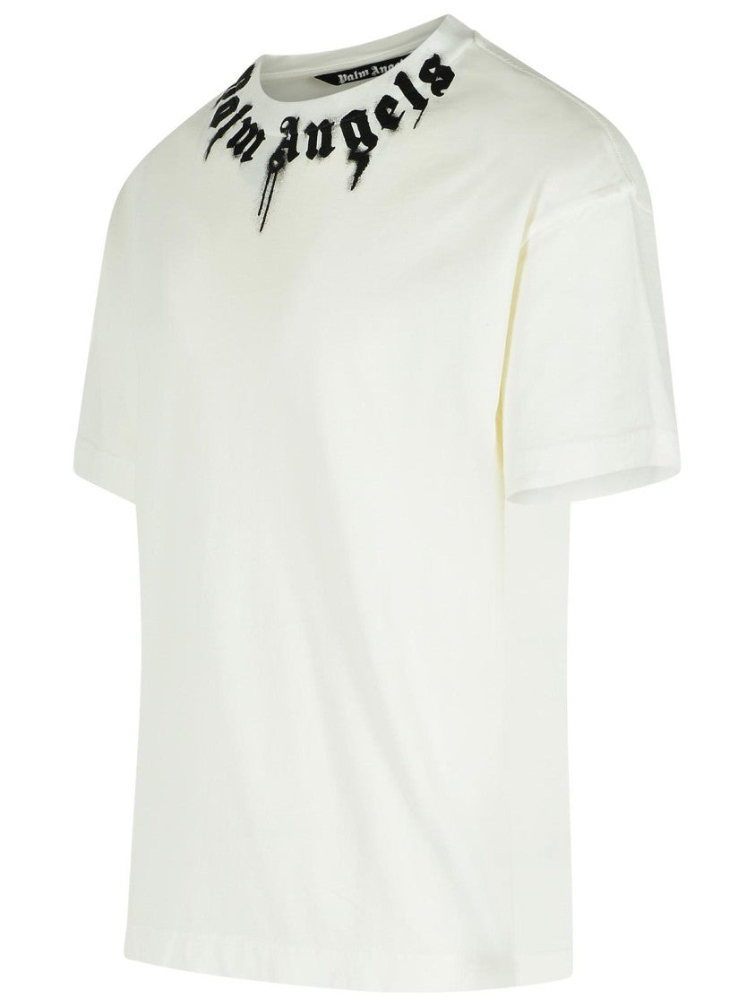 Palm Angels Classic Fit White Cotton T-Shirt With Graphic Branding