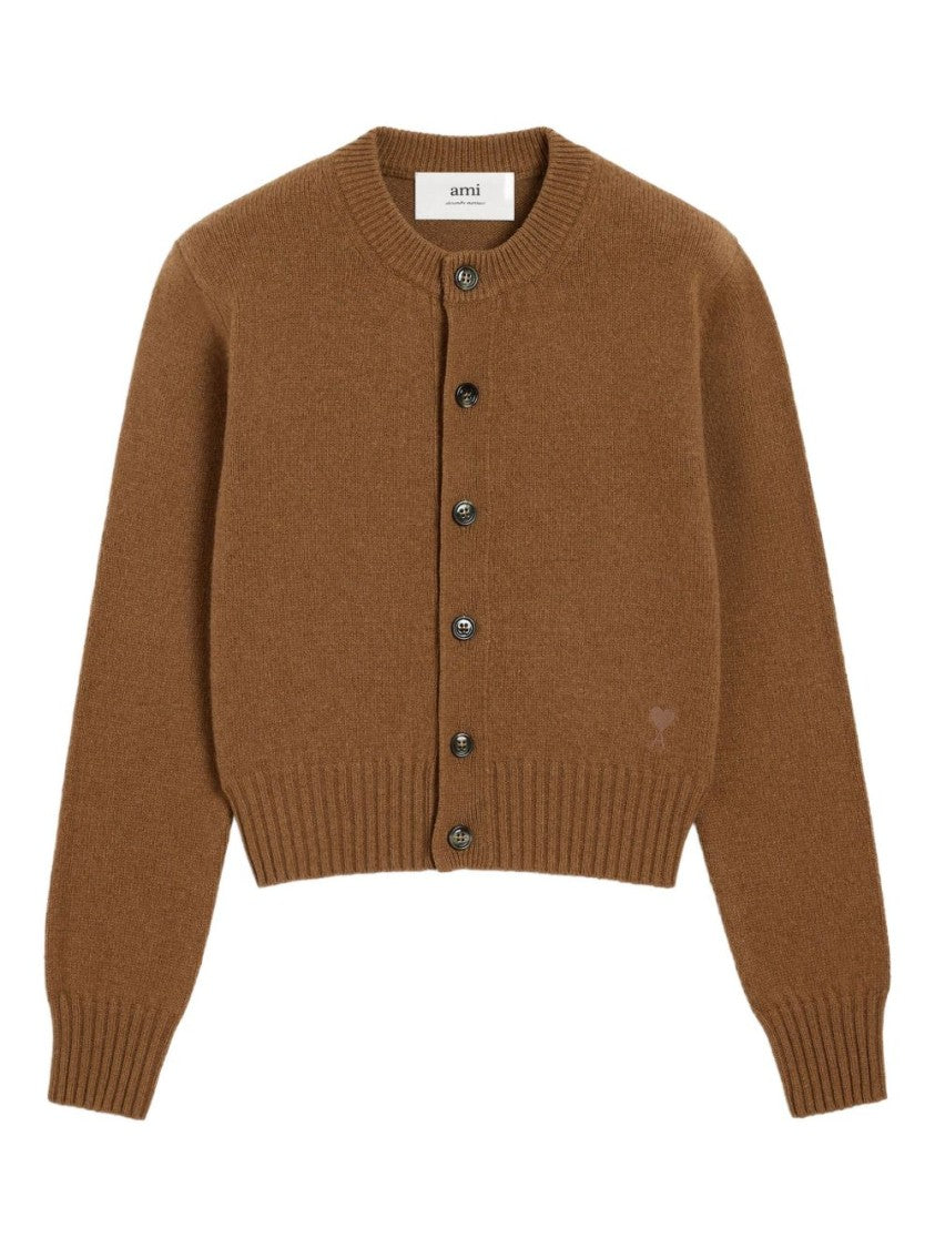 Ami Cropped Brown Wool Cardigan With Crew Neck And Ami De Coeur Embroidery