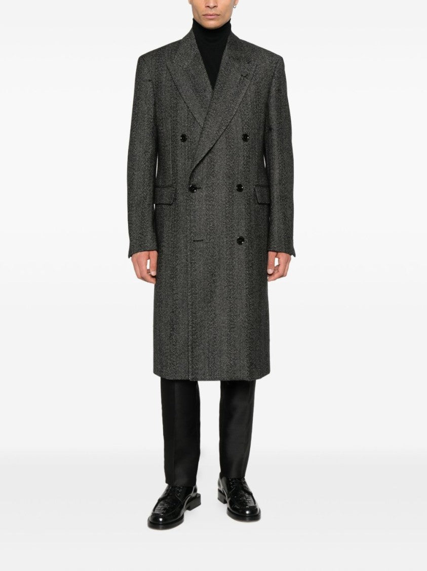 Lardini Double-Breasted Black Herringbone Coat