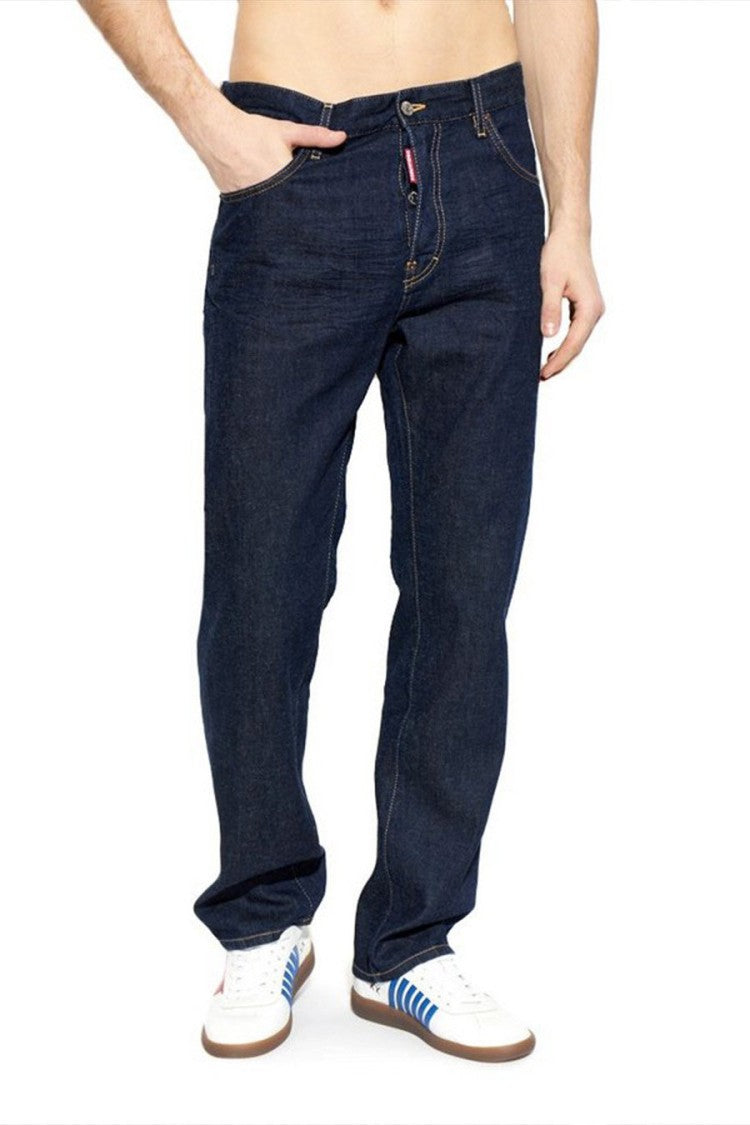 Dsquared2 Blue Five-Pocket Dark Wash Cotton-Hemp Straight-Leg Jeans