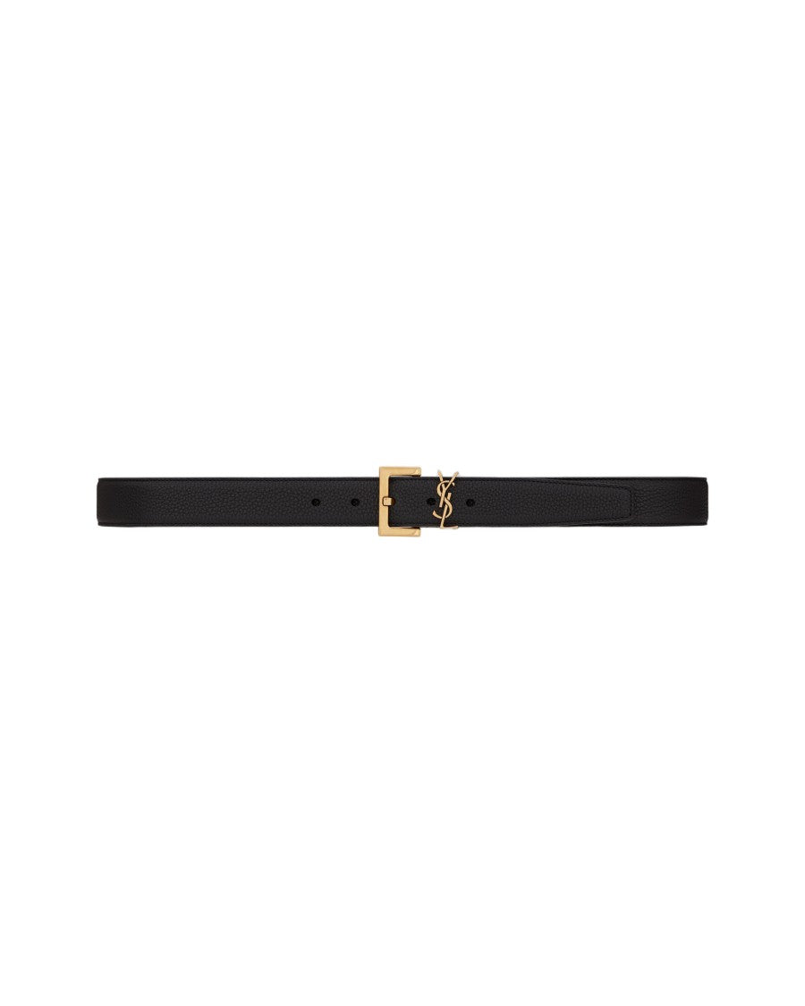 Saint Laurent Textured Leather Belt With Gold Buckle