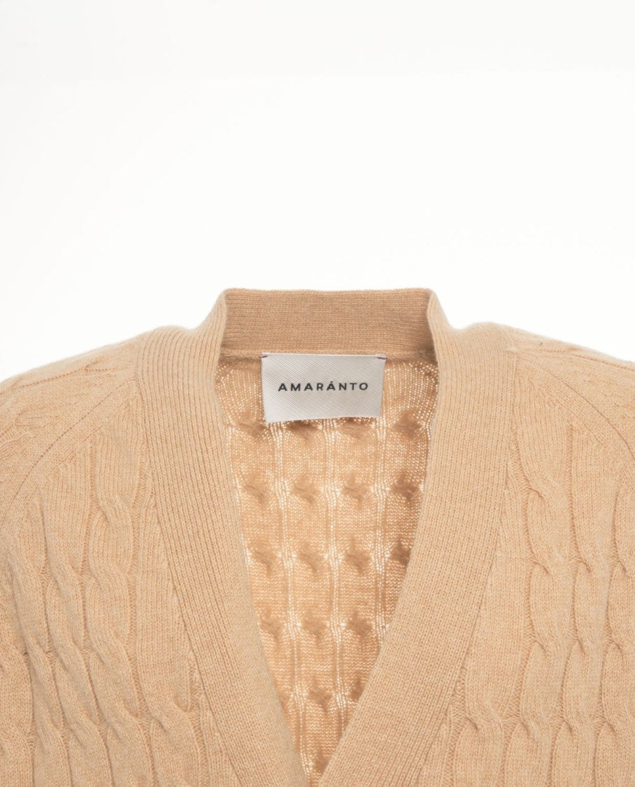 Amaranto Beige Cable Knit Cardigan With Deep V-Neck And Button Closure