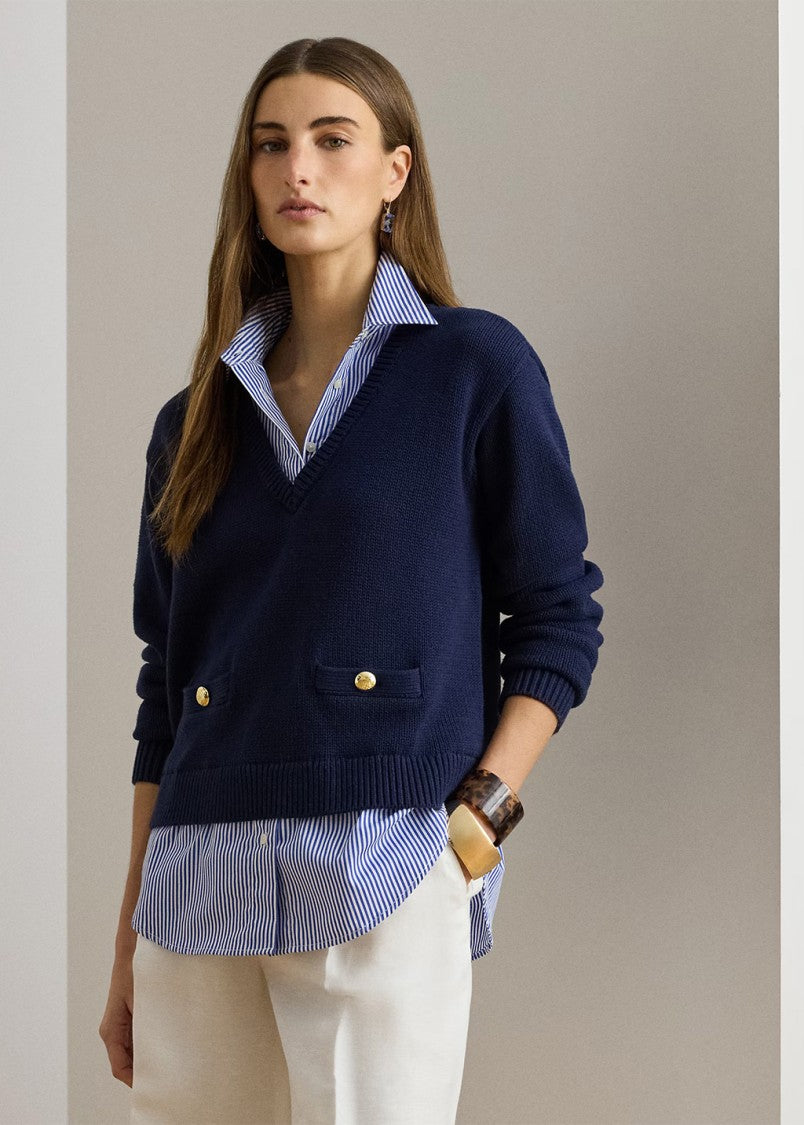 Lauren Ralph Lauren Blue Combed Cotton Pullover Sweater
