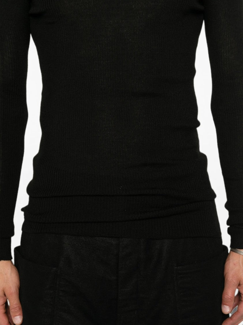 Rick Owens Fitted Black Ribbed Knit Sweater With Round Neckline