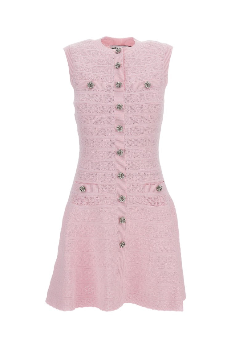 Self-Portrait Pink Pointelle Diamante Knit Mini Dress