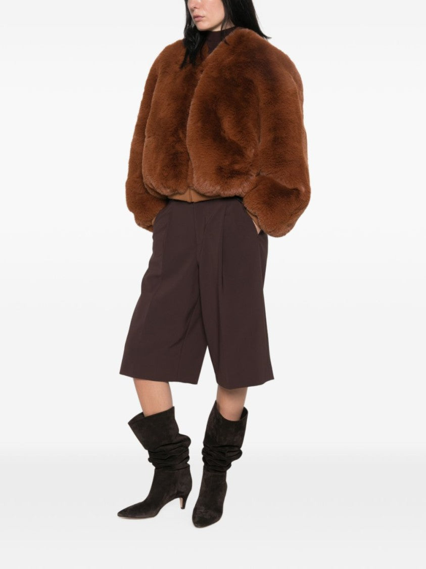 The Frankie Shop Brown Cropped Ribbed Faux Fur Jacket