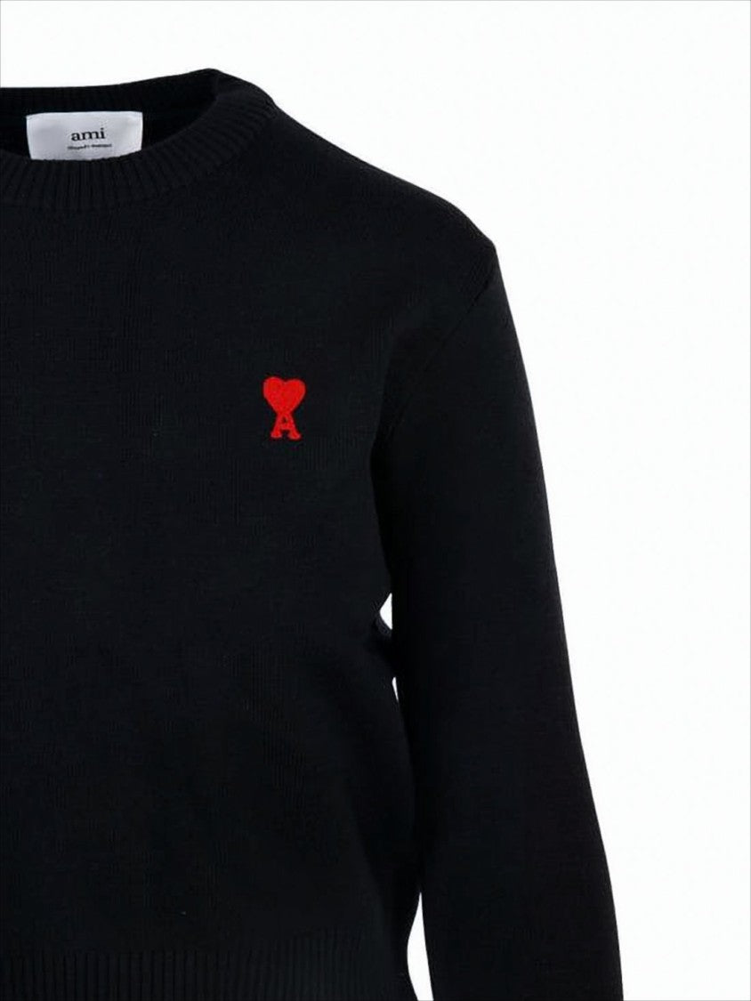 Ami Cropped Black Merino Wool Sweater With Embroidered Heart