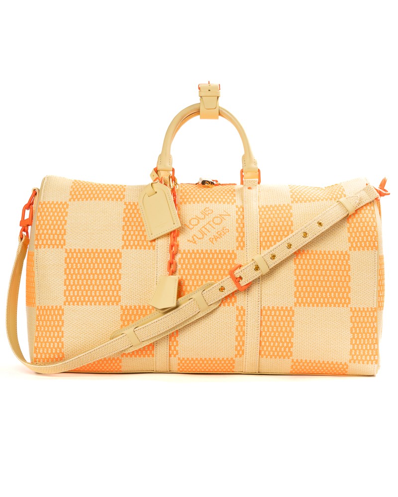 Louis Vuitton Keepall 50 Bandoulière Travel Duffle In Raffia With Orange Accents