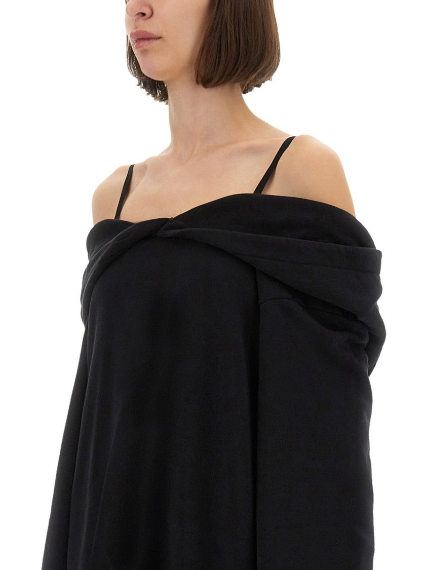 Mm6 By Maison Margiela Off-Shoulder Black Sweatshirt Dress With Cozy Hood