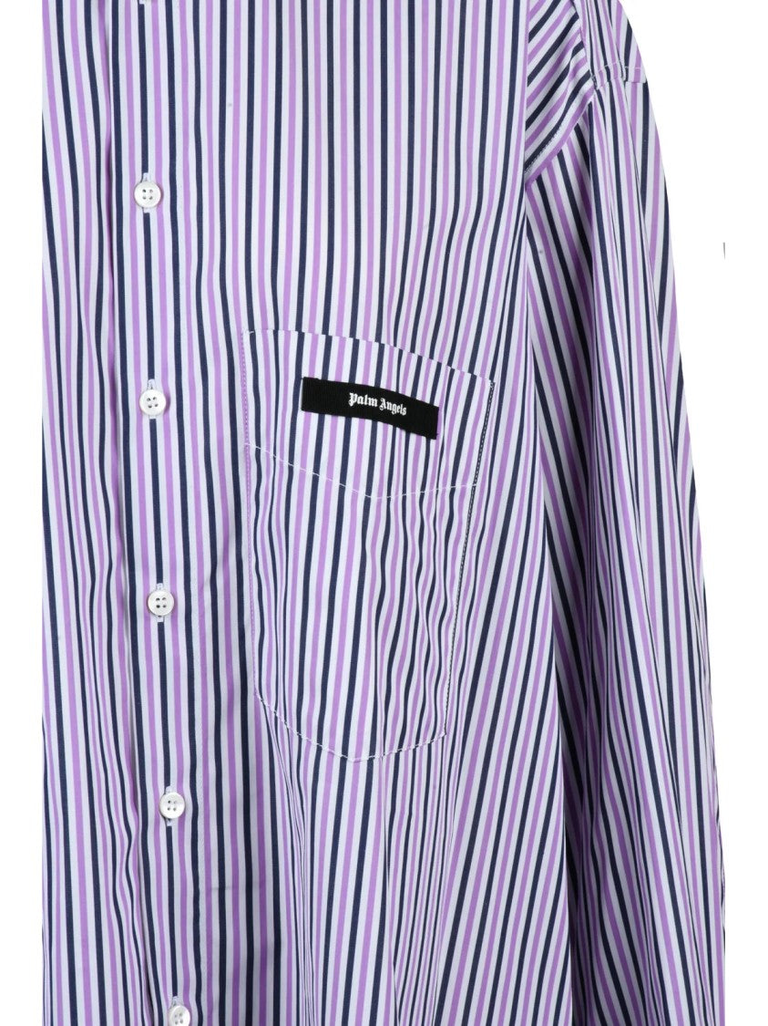 Palm Angels Oversized Cotton Shirt Dress With Vertical Stripes And Bold Branding