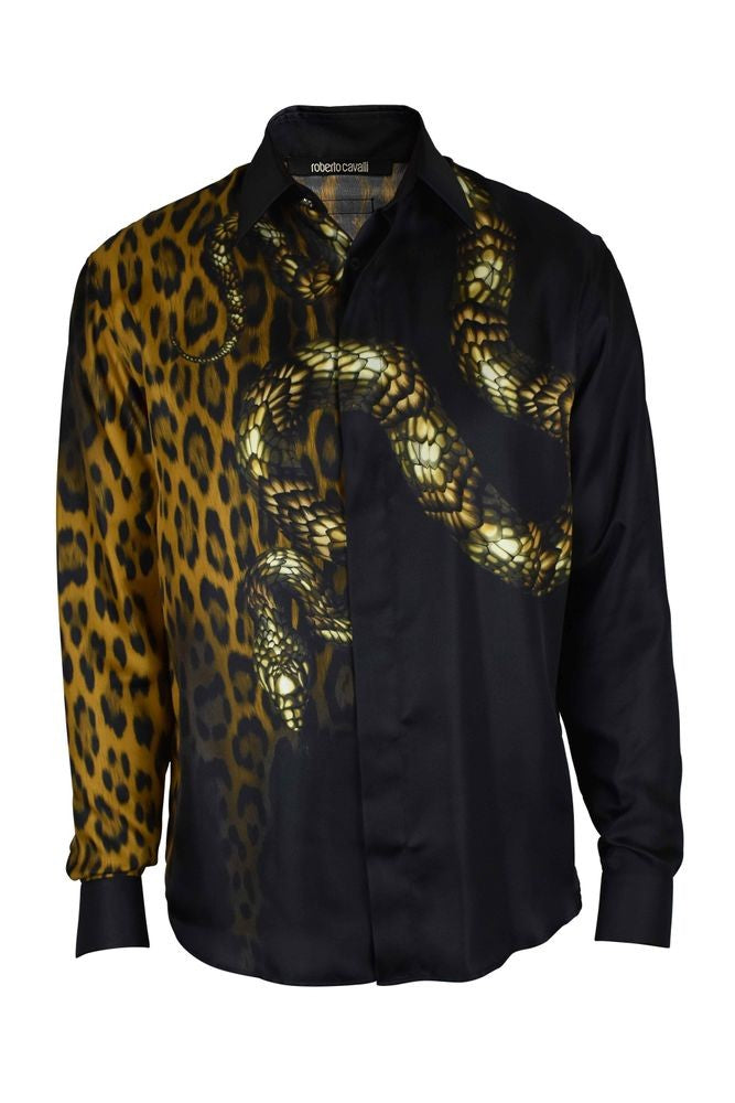 Roberto Cavalli Leopard Print And Snakeskin Black Silk Shirt