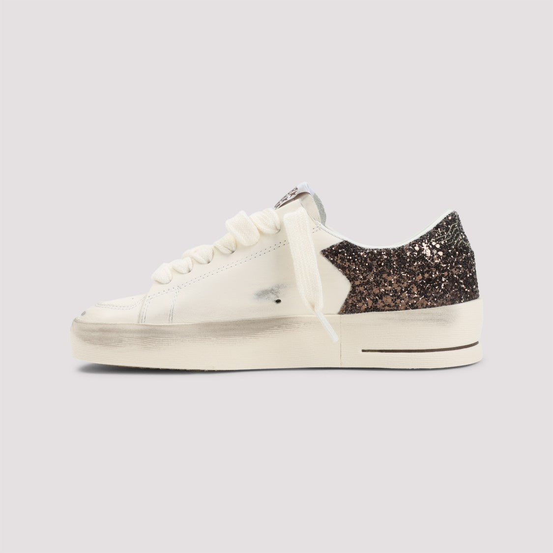 Golden Goose Distressed White Leather Sneakers With Glitter Accents