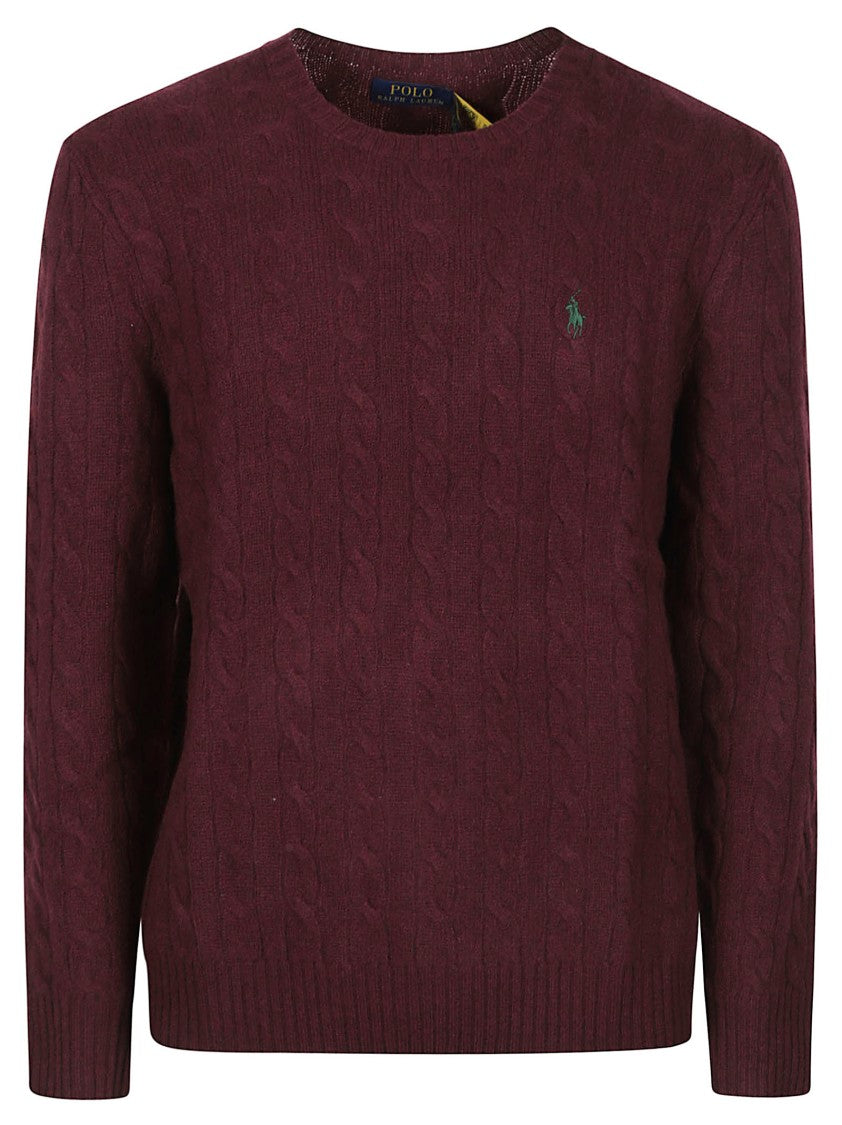 Polo Ralph Lauren Burgundy Cable Knit Wool-Cashmere Crew-Neck Sweater