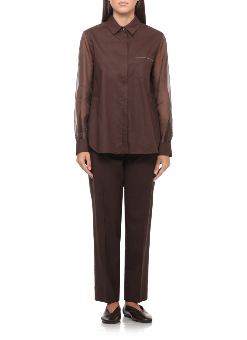 Panicale Brown Cotton Silk Sheer Sleeve Shirt