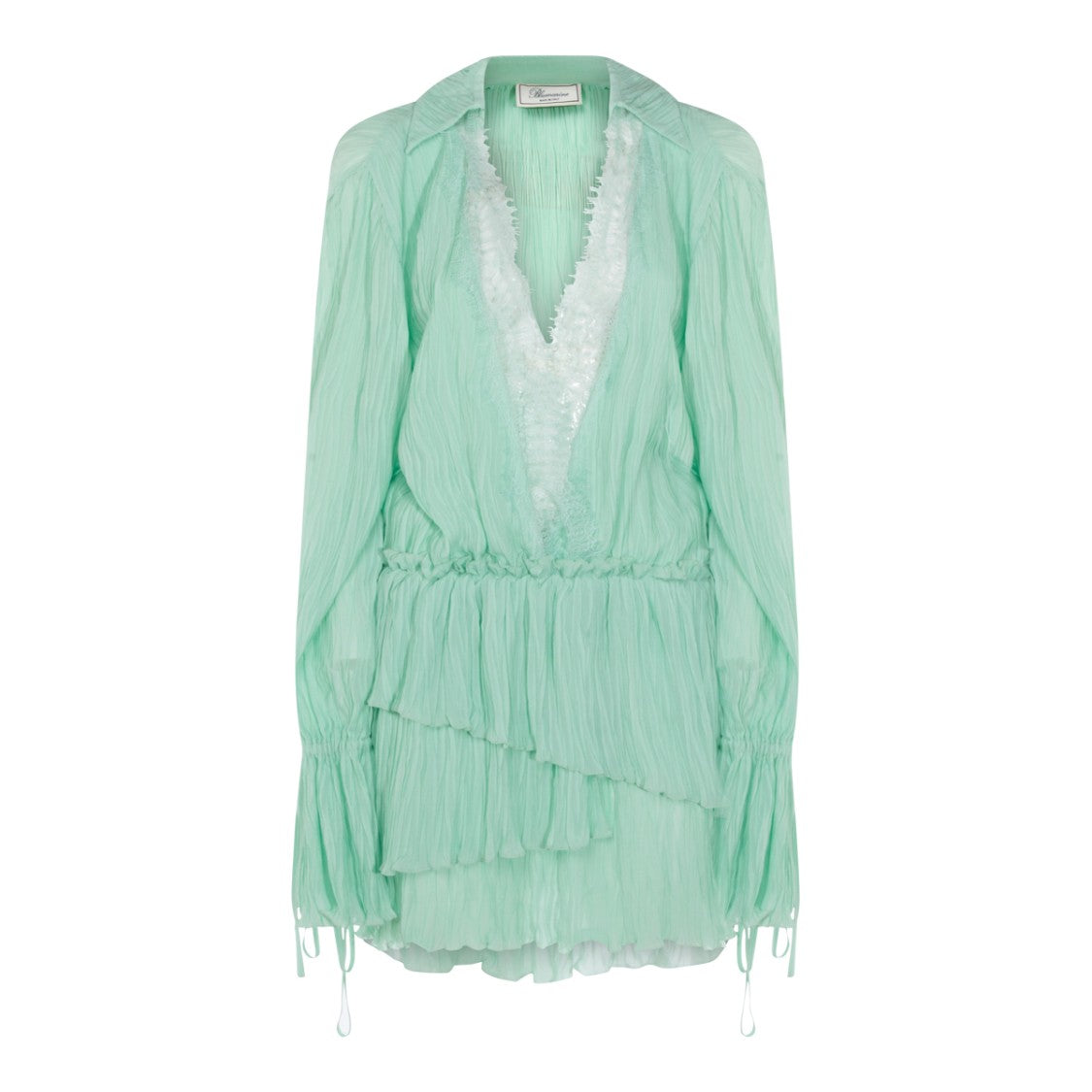 Blumarine Pleated V-Neck Mini Dress With Lace Trim