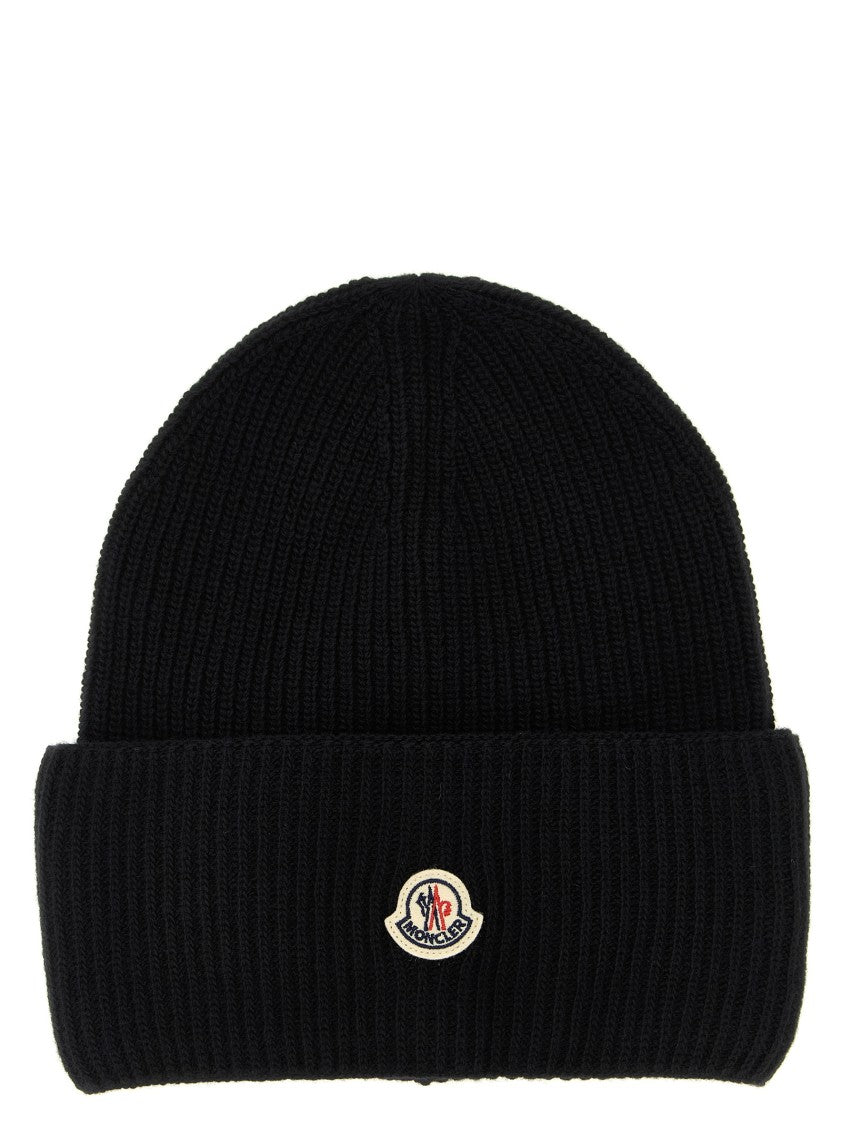 Moncler Ribbed Knit Carded Wool Beanie With Felt Logo Patch