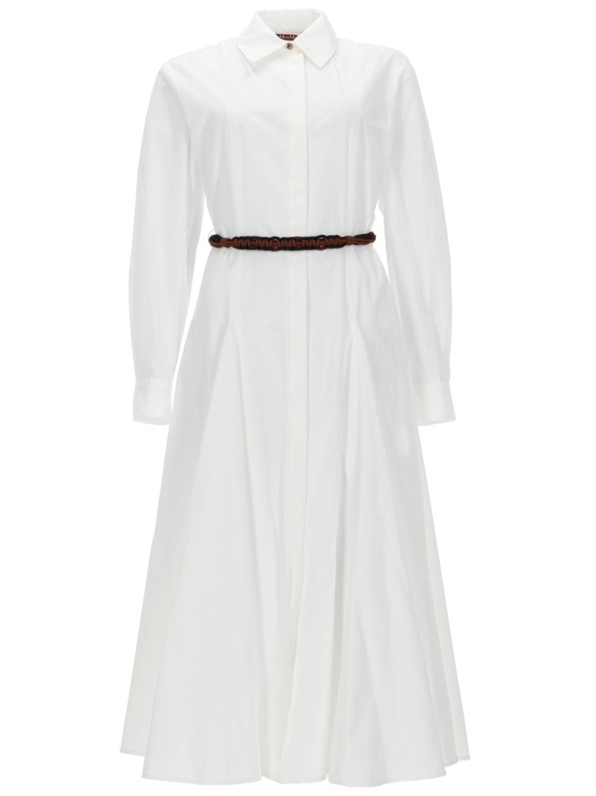 Max Mara White Poplin Midi Dress With Shirt Collar And Fitted Waist