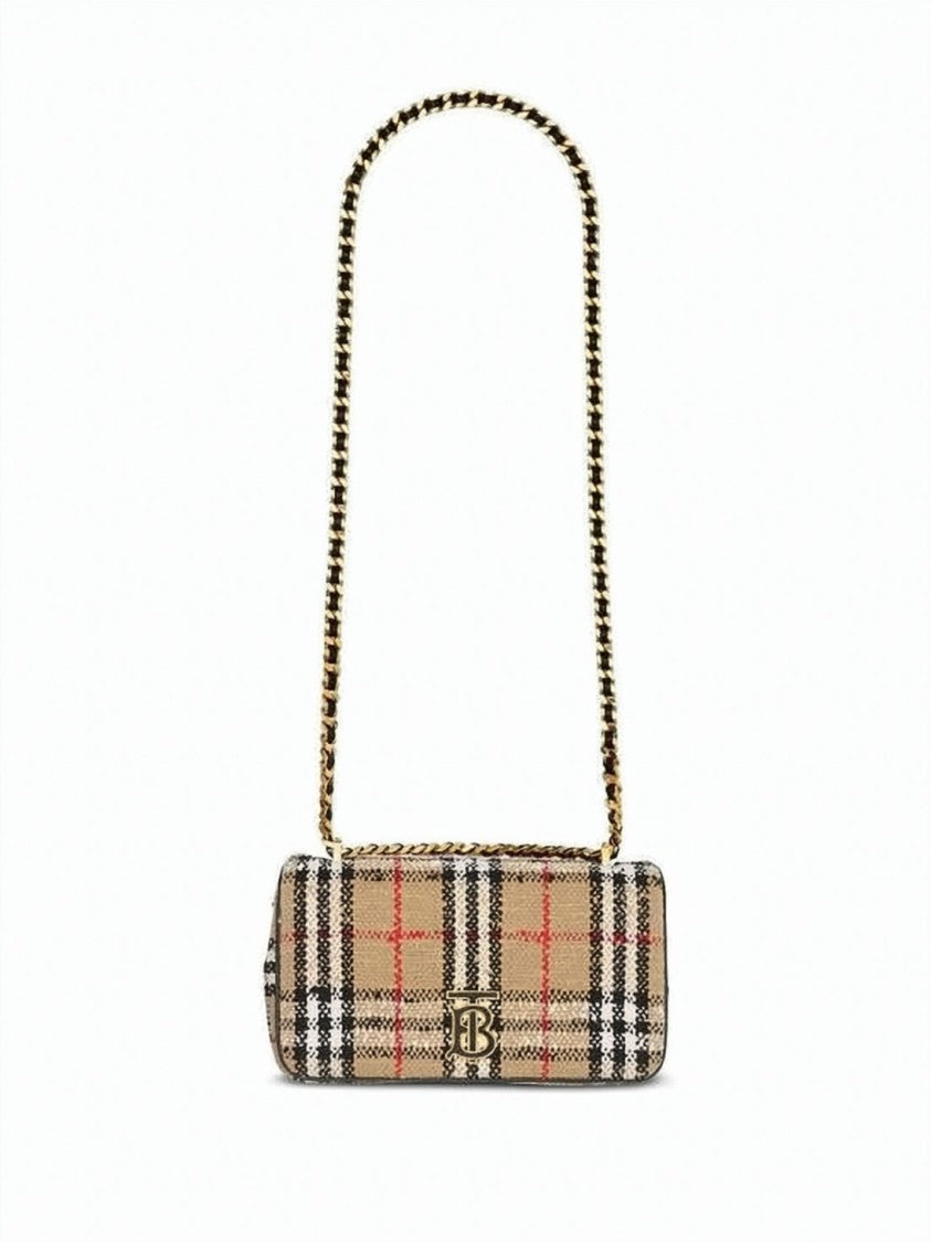 Burberry Small Rectangular Check Pattern Shoulder Bag With Gold-Tone Monogram